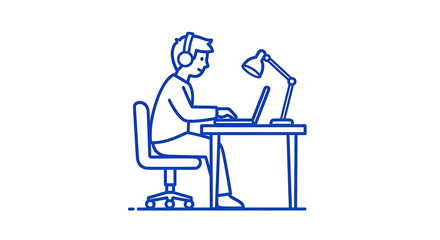 Fototapeta premium Man Working on Laptop at Desk with Headphones Line Art