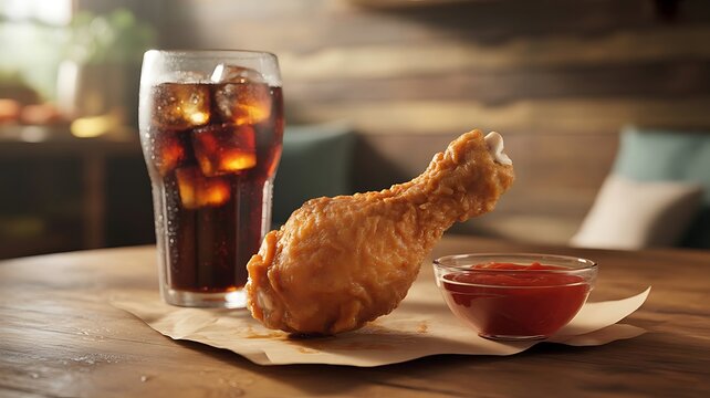 Crispy fried chicken drumstick with a refreshing soda and red sauce in restaurant setting