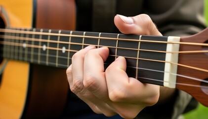 Obraz premium Guitar Chord Harmony: Close-up of a hand skillfully forming a guitar chord, inviting the viewer into the world of music and melodic expression.