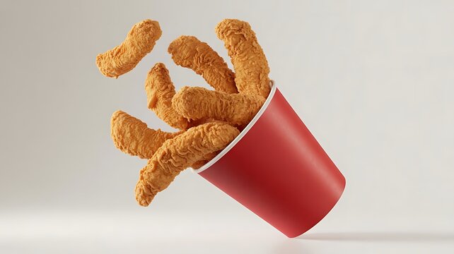 Golden crispy fried chicken tenders bursting energetically from a red paper cup