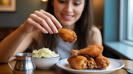 Naklejka premium Happy young woman enjoys eating crispy fried chicken and coleslaw at a restaurant
