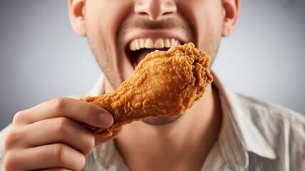 Person preparing to eat a delicious crispy fried chicken drumstick with a wide smile