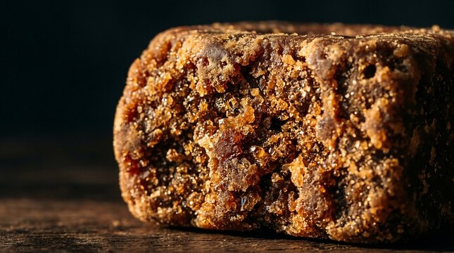 Close-up of a rustic, textured block of African black soap on a wooden surface.