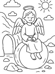 Fototapeta premium Angel's Contemplation: An angelic figure, complete with halo and wings, finds serenity seated upon a large rock, embodying peace and contemplation against a backdrop of nature's simple beauty.