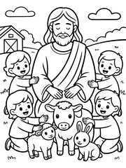 Fototapeta premium Jesus and Children: A heartwarming portrayal of Jesus surrounded by children and a host of animals, capturing a scene of love, peace, and serenity, all rendered in delightful simplicity.