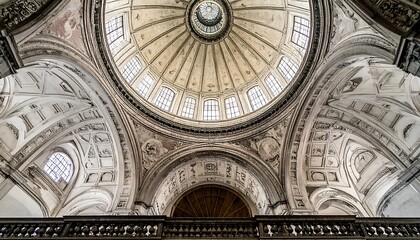 Fototapeta premium Elaborate interior shot of a domed ceiling, ornate with architectural details, arches, and windows revealing natural light