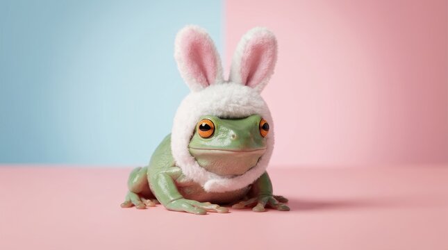 A playful green frog wearing bunny ears on a pastel pink and blue background, looking adorable and funny