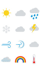 Obraz premium Weather forecast icons on white background.