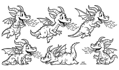Obraz premium A set of cute cartoon dragons in various playful poses and expressions