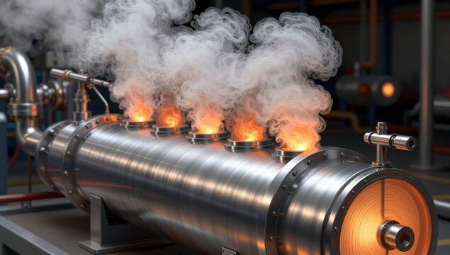 Heavy industrial steam pipe venting hot white smoke and fire in high detail factory setting representing energy production and industrial power plant operations