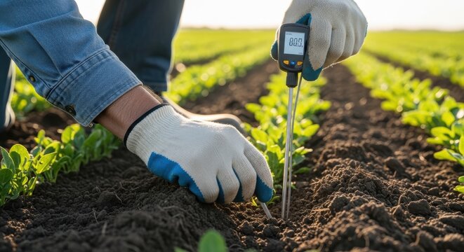 Farmer testing soil moisture and temperature with a digital probe in a field