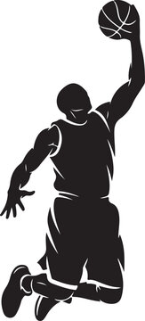Black silhouette basketball player jumping to dunk ball