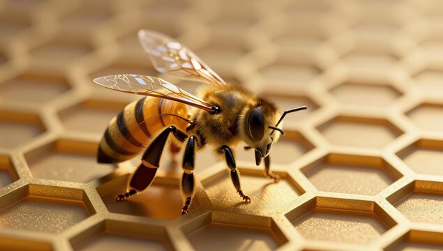 Macro photograph of honey bee standing on golden hexagonal honeycomb structure showing detailed texture and natural beauty for agricultural and organic food industry
