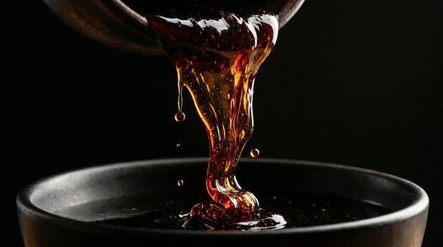 Close-up of dark liquid pouring into a bowl against a black background.