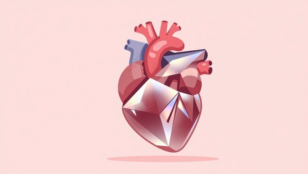 Human heart anatomical illustration featuring a crystalline diamond lower section representing cardiac health and medical strength in a vibrant vector graphic style