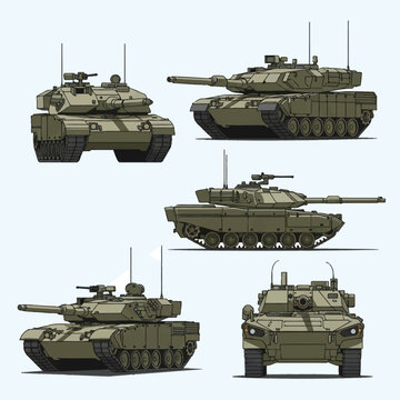 Vector illustration set of a modern olive green main battle tank shown from four different angles: front view, side profile, and two perspective views with detailed tracks and turrets.