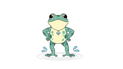 Fototapeta premium Cute cartoon frog character with big eyes and a blue gemstone necklace standing proudly in a small pool of water on white background.