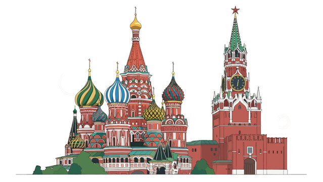 Detailed illustration of the iconic Saint Basils Cathedral and the Kremlin tower in Red Square, Moscow, on a white background.