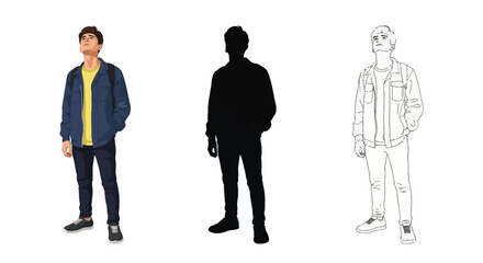 Fototapeta premium Vector set of three illustrations of a young man with a backpack looking up, with a flat color design, a solid black silhouette, and line art contour isolated on white background.