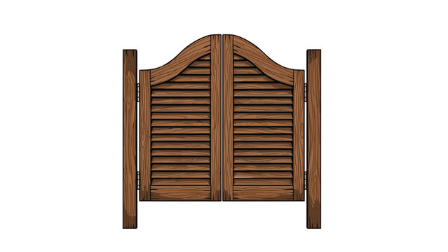 Classic wooden swinging saloon doors commonly found in old west taverns and pubs isolated on a clean white background for design use.