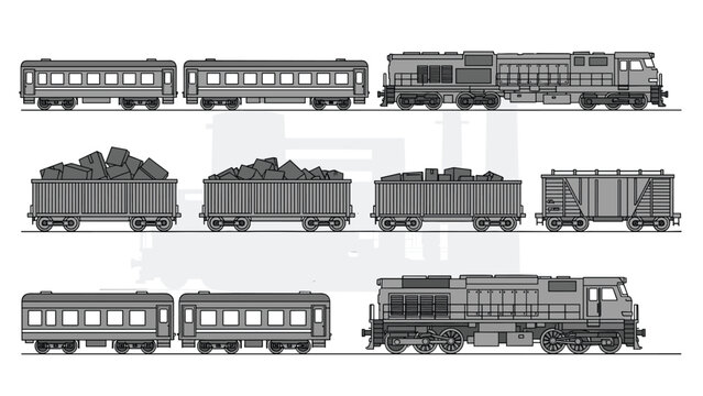 Selection of different railway train cars including passenger wagons, cargo containers, and modern locomotives on a white background.