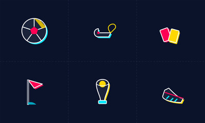 Hand-drawn set of minimalist colorful icons representing essential professional football equipment such as ball whistle cards authentic illustration © aryan