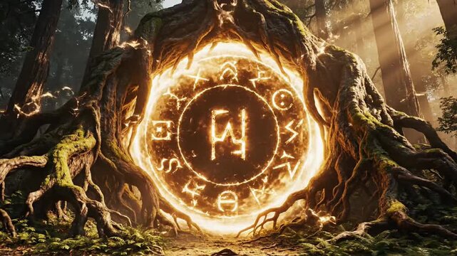 Glowing Magic Portal in Enchanted Forest with Ancient Runes