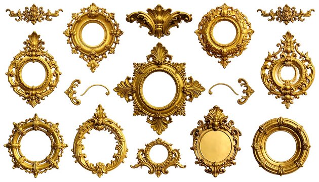 Elaborate, ornate golden frames and decorative elements on a white background, isolated for use in design