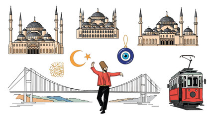Naklejka premium Turkish cultural elements and travel landmarks featuring the blue mosque a dervish dancer an evil eye charm and the iconic red tram of istanbul.