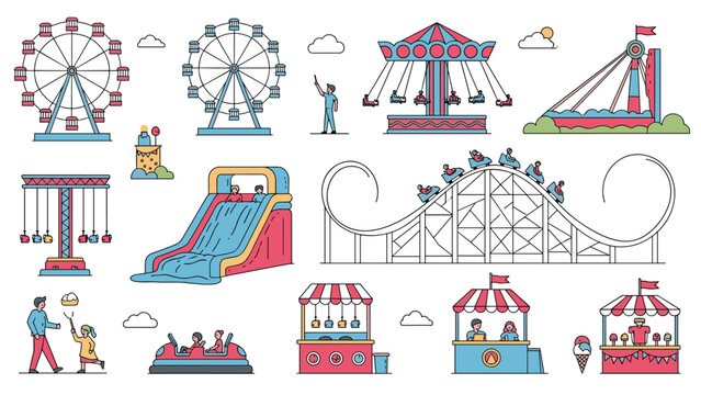 Fun amusement park and carnival attraction set featuring a ferris wheel roller coaster bumper cars and various food stalls for families.