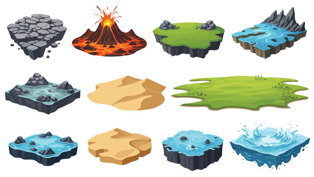 Set of various floating game islands representing different biomes such as volcano desert grass and water for fantasy world building.