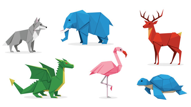 Diverse animal collection designed in a modern low poly origami style featuring a wolf elephant deer dragon flamingo and turtle.