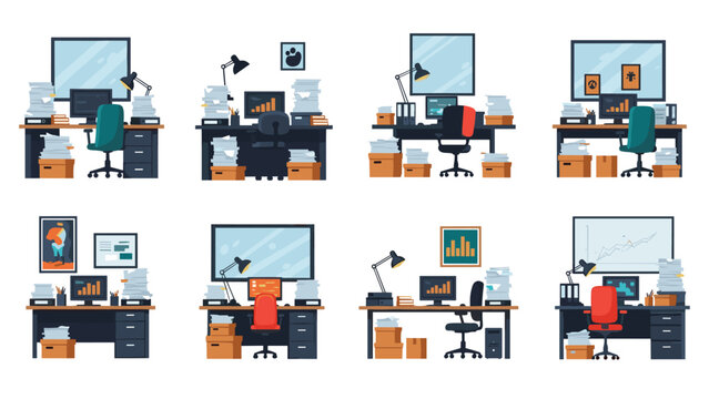Collection of various office workspace setups showing both organized and cluttered desks with computers documents and stationery.