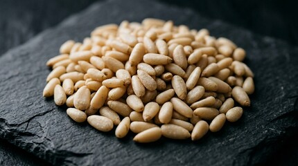 Fototapeta premium Pile of raw pine nuts on a dark slate background, close-up shot.