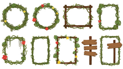 Naklejka premium Decorative jungle frames made of tangled vines, exotic leaves, and tropical flowers are shown alongside rustic wooden signs.