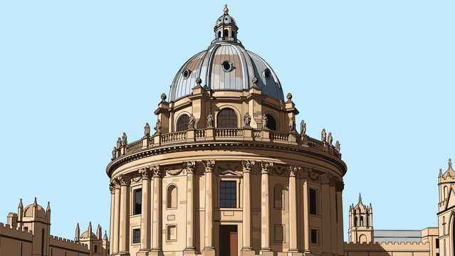 Classic architectural view of the Radcliffe Camera library building in Oxford is rendered in a detailed illustrative style.