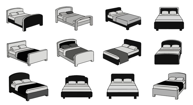 Collection of twelve modern double bed vector icons in monochrome shades of black, gray, and white, featuring various headboard designs and perspectives on a white background.