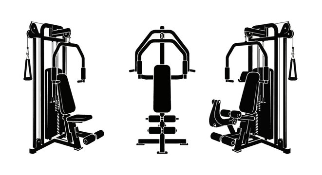 Black and white vector illustration set of a multi-functional home gym station with a weight stack, chest press, and leg extension machine from three different perspective angles.