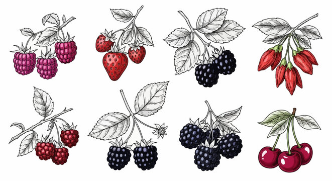 Vintage hand-drawn ink sketch collection of colored berries featuring strawberries, raspberries, blackberries, cherries, and goji berries with leaves on white background.