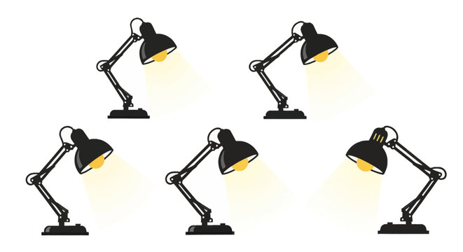 Five black adjustable swing-arm desk lamps with illuminated yellow light beams casting downwards, collection of architect table lamp vector icons isolated on white background.
