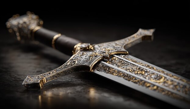 Ornate Medieval Sword with Intricate Detailing on a Dark Surface.