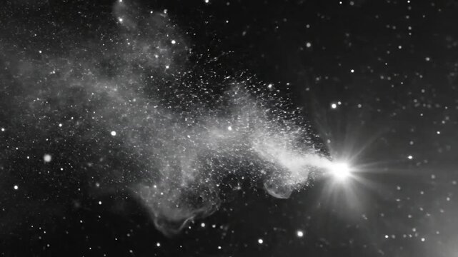 Abstract grayscale animation of bright star emanating particles through space with a stardust background