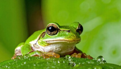 Naklejka premium Close-up of a vibrant green tree frog perched on a wet leaf.