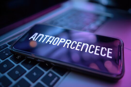 Smartphone Screen Displays the Word Anthropocene on a Laptop Keyboard.