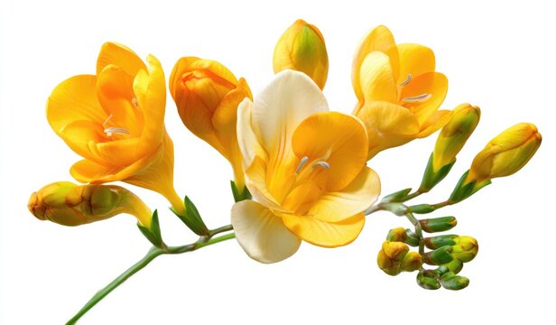 Vibrant Yellow Freesia Flowers Branch Isolated on White Background.