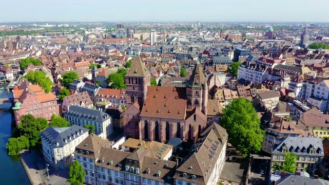 Strasbourg, France. Church of St. Thomas, Protestant Church. Drone footage, Point of interest