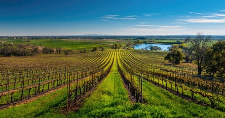 Naklejka premium Expansive Vineyard Landscape Under a Clear Blue Sky.