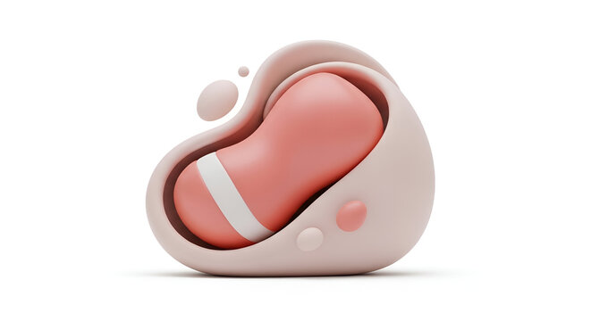 Cute 3D render of a pink bean-shaped object with a white stripe inside a soft, rounded, pale pink container, isolated on white, playful and organic form