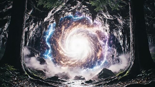 Glowing Cosmic Portal in Mysterious Dark Forest Cave