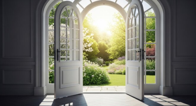 Bright Open Doors Leading to Lush Garden in Sunlit Room
